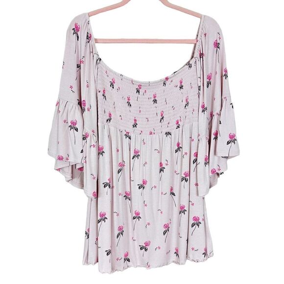 Free People Lana Off The Shoulder Boho Floral Top in Cloud Berry - Picture 4 of 8